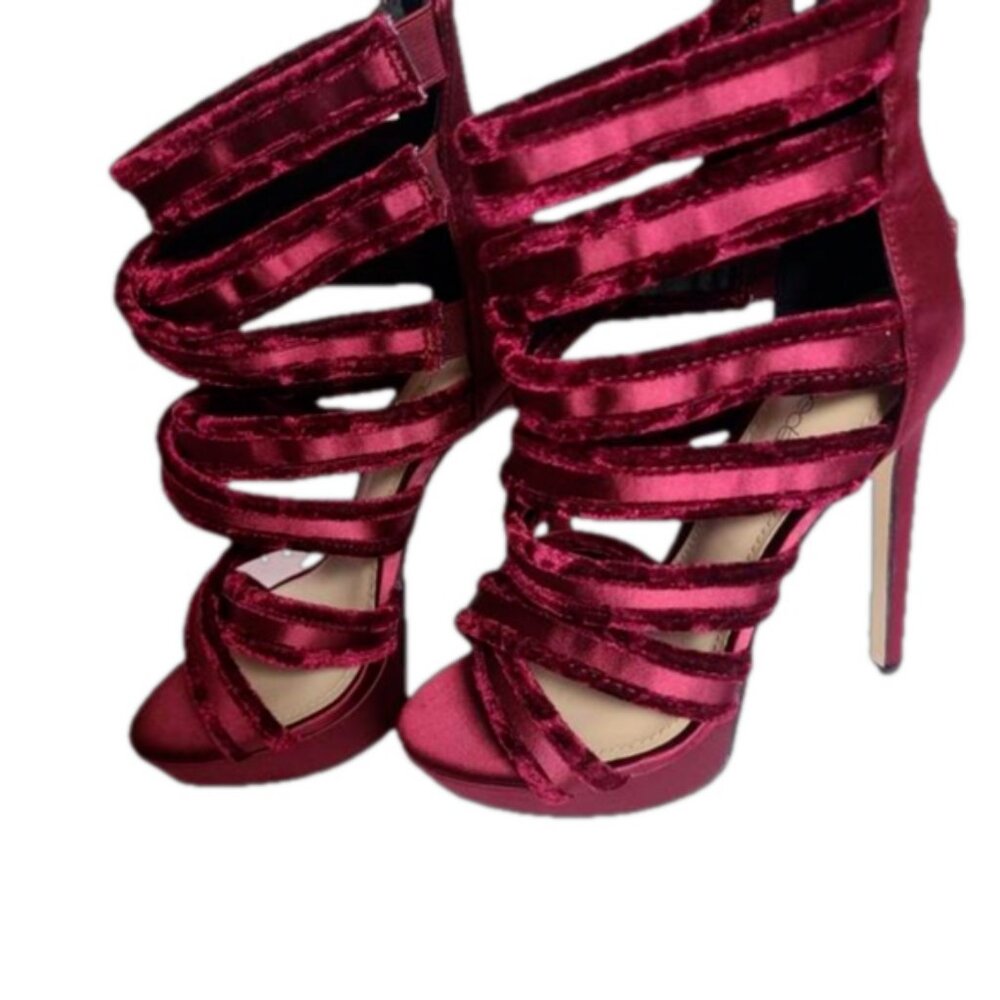 Festive Burgundy Strappy Suede Velvet Platform Stiletto Heels JustFab